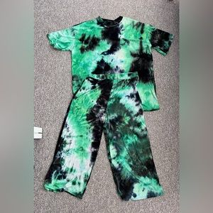 Dressed in LALA Lex Ribbed Playsuit in Lime Green Slush Tie Dye